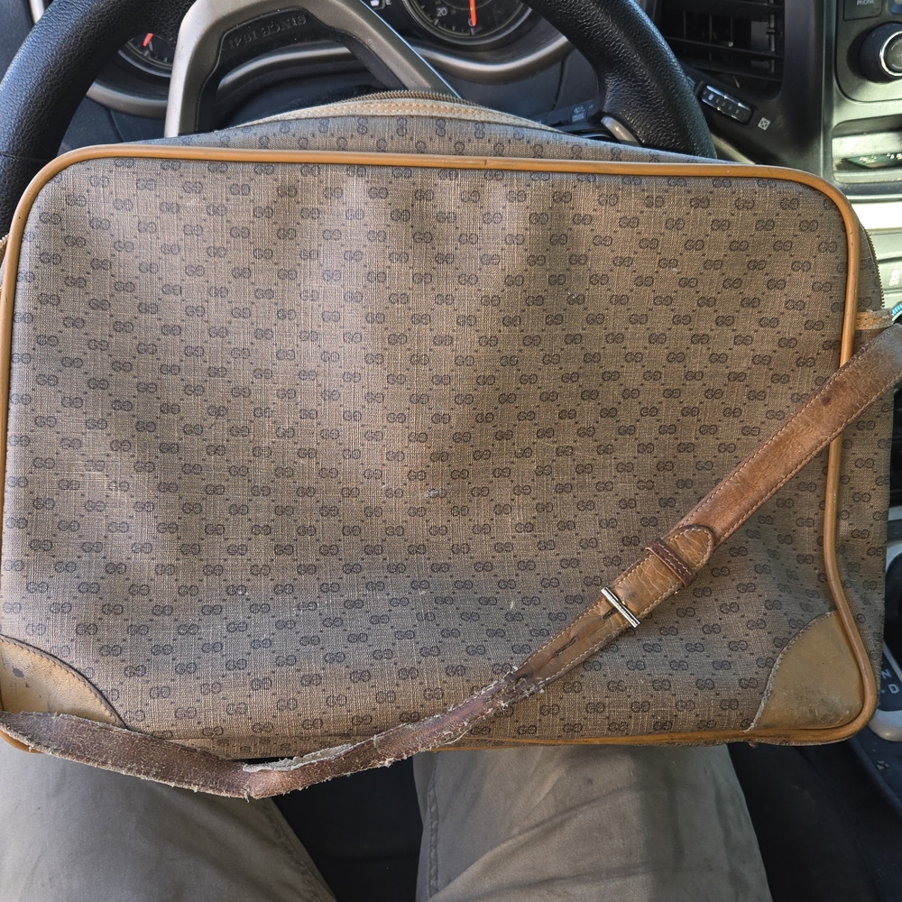 Gucci Brown Monogram Crossbody Bag with Tan Trim